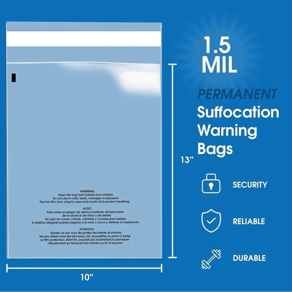 Self Seal Clear Poly Bags with Suffocation Warning for Packaging 10x13 Pack/ 100 - Picture 3 of 3